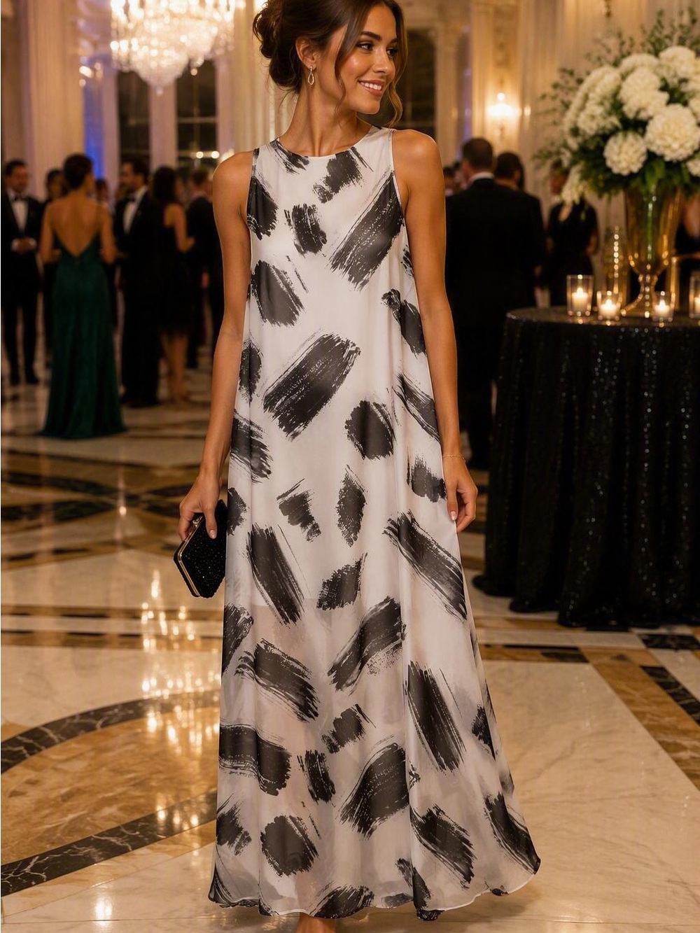 Alice + Olivia Black and White Brushstroke Maxi Dress